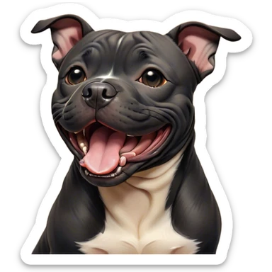 Cinematic Cute Yawning Black/Brindle Staffordshire Bull Terrier Portrait Emoji, Head tilted slightly with a dramatic, wide-open yawn, showcasing a smooth Fur with a striking black and brindle pattern, floppy ears slightly drooping, round dark eyes barely open in drowsy contentment, Simplified yet irresistibly adorable features, highly detailed, glowing with a soft, cozy glow, high shine, relaxed yet expressive, stylized with a touch of whimsy, bright and endearing, soft glowing outline, capturing the essence of a sleepy yet affectionate guardian, so drowsy it feels like it could stretch right out of the screen and curl up for a nap! sticker