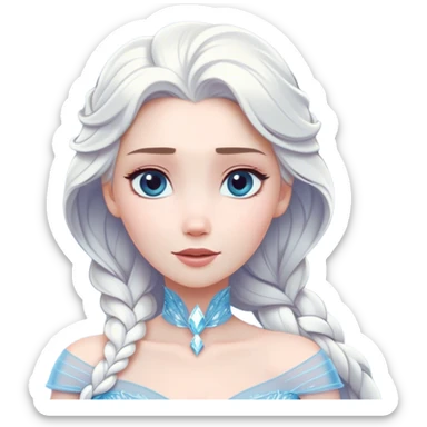 Cinematic Timeless Snow Queen Portrait Emoji, rendered in a clean, vector style. Depict Elsa with icy pale skin, intricately styled platinum hair, and a serene, regal expression, dressed in a minimalist ice-blue gown. The design features bold, simplified shapes, a soft, drowsy crystalline glow, and a subtle glowing outline, capturing the essence of timeless, majestic winter beauty. sticker