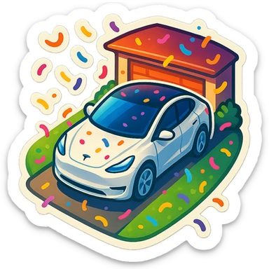 A Tesla Model Y parking in a home driveway with grass on the sides, from above, with confetti sticker
