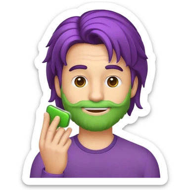 Crie um emoji de um homem com cabelo espetado roxo, fazendo careta e mostrando o dedo do meio com ambas as mãos. Ele deve usar um agasalho verde com listras brancas nos ombros. Use as cores vibrantes e o estilo do emoji original. sticker