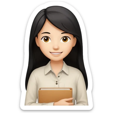 a light tan woman with long black hair past mid-back, round brown eyes, white button up shirt. holding manila folder sticker