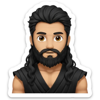 Hades from Olympus Gods with long black wavy hair and beard, black loincloth sticker