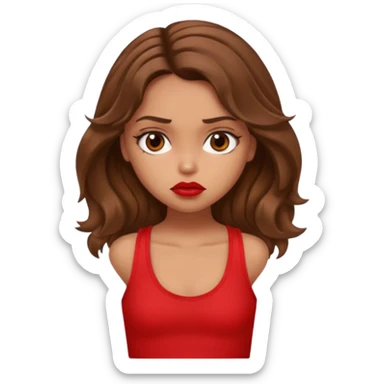 generate a pretty tan bratz girl with brown wavy hair long wearing a red tank top, red lipstick. Looking sad sticker