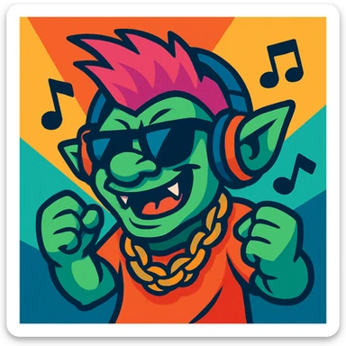mischievous troll character with headphones, sunglasses, and a gold chain, vibing to phonk music, vibrant toon style sticker