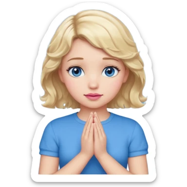 Girl Blonde short wavy hair,  blue eyes, cute blue top, long lashes, pink lips, praying hands sticker