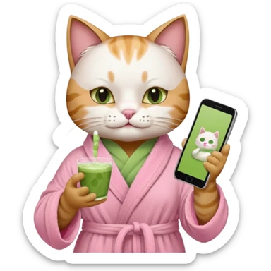 I want a CAT whit a iced macha on her paw and i want her to ne wearing a pink bath rope And she will have a  white face mask on her face and phone on the opisite paw whit the macha sticker