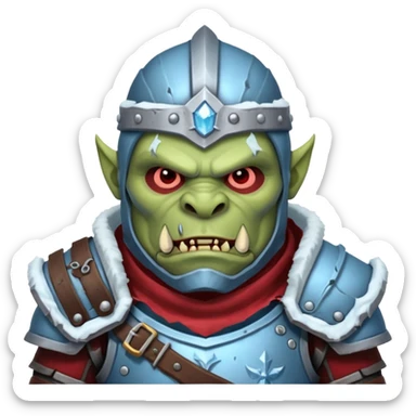 
Fantasy Christmas orc legion soldier icon, iron tundra army theme, heavy winter armor, disciplined brutal look, icy blue steel armor with deep crimson accents, frozen metal texture, cold winter atmosphere, male variant sticker