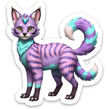 Colorful furry happy cute floofy pale minty lilac onyx fruity glorious exotic neon vibrant zigzagged fantasy-caracal-civet-genet-sergal-vernid-Gryphon-Cacomistle-Trico-oncilla-animal-Fakémon-hybrid-fursona (full body), facial markings, (realism style) sticker