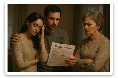 The wife, looking tired and vulnerable, stands beside her husband, while the mother-in-law looks skeptical and critical, the man holding out medical reports as evidence, emotional tension visible. sticker