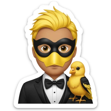 A man facing forward wearing a tuxedo with a mask depicting a yellow canary. sticker
