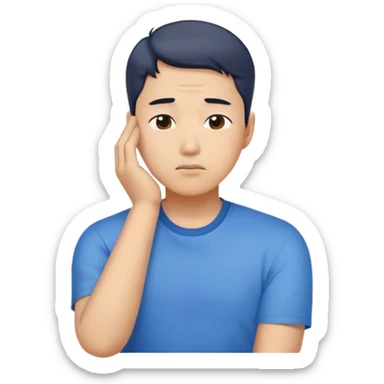 A worried Korean man in a blue shirt, resting his head on one hand. Emoji-style digital illustration with a plain white background  sticker