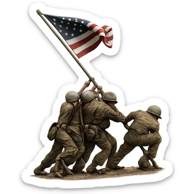 three soldiers pushing a flagpole, inspired by the Raising the Flag on Iwo Jima photo, realistic and dynamic composition, no text, suitable for an icon sticker