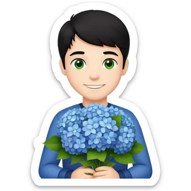 Smiling boy with fair skin and black hair that stands up and green eyes with bouquet of hydrangeas  sticker