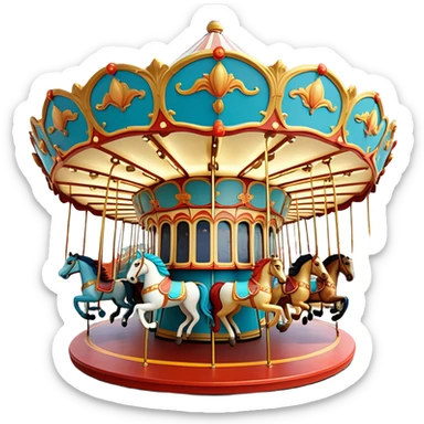 A top-down view of a whimsical carousel-inspired energy generator. The central canopy is circular and segmented like a circus tent roof, colored in alternating red and orange sections. Four identical golden-yellow cartoon horse heads with teal-blue manes are evenly spaced and rotated symmetrically around the center, like fan blades. The horses have friendly Pixar-style expressions and small colorful hats. The whole composition is enclosed in a thick, glossy golden ring, with soft lighting and smooth 3D shading in a vibrant Pixar-style aesthetic. Background is a clean soft gradient or plain color. sticker