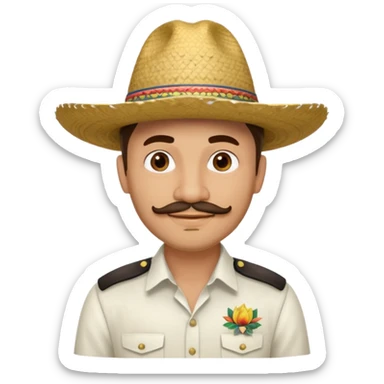 A happy, light skinned, Colombian man, with a small not connected mustache, a small gotee, wearing a Colombian Sombrero Voltiao with black rings on it, and wearing a white dress shirt sticker