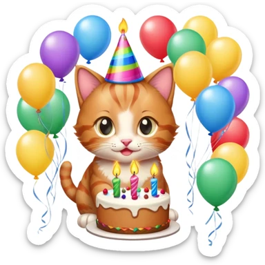 Ginger tabby kitten celebrates birthday, birthday hat, birthday cake, one candle, balloons, happy, gifts sticker