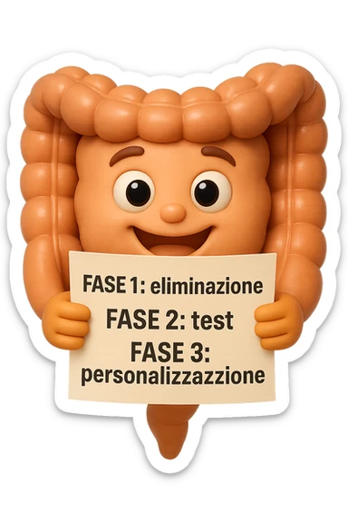emoji stile iphone 3d di un intestino che tiene in mano un foglio con la scritta "FASE 1: eliminazione, FASE 2: test, FASE 3: personalizzazione, IPERREALISTICO 4K sticker