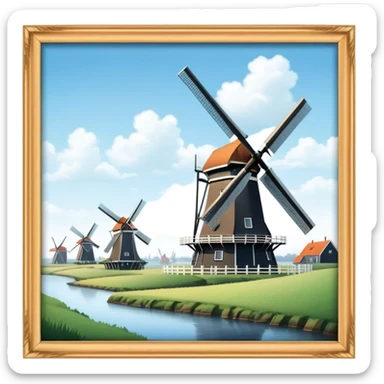 Cinematic Realistic Kinderdijk Windmills Landmark Emoji, depicted as a row of classic Dutch windmills set against a serene sky rendered with detailed textures and soft natural lighting. sticker