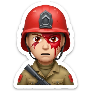 soldier with red skin tone, angry face, blood splatter on left cheek sticker
