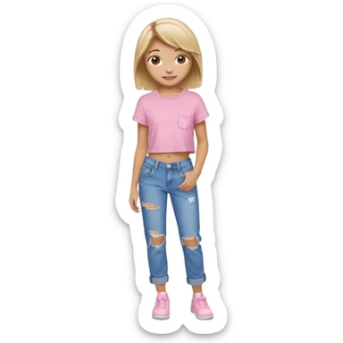 preppy teen girl, tan, blonde highlights, brown hair, long eyelashes, beach aesthetic, wearing cute clothes, sexy, wearing ripped blue baggy jeans with a light pink crop top, a little revealing  sticker