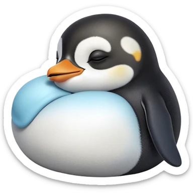 Meme-Worthy cute Sleeping Baby Penguin Portrait Emoji, Head resting peacefully with a contented smile, showcasing luxuriously soft down and a serene, slumbering gaze, Simplified yet hilariously adorable features, highly detailed, glowing with a soft, drowsy polar light, high shine, relaxed and utterly lovable, stylized with an air of playful laziness, bright and heartwarming, soft glowing outline, capturing the essence of a sleeping baby penguin that feels destined to become the next viral icon of adorable rest! sticker