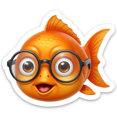 A goldfish with a silly facial expression wearing round eyeglasses perched on its face, comical look sticker