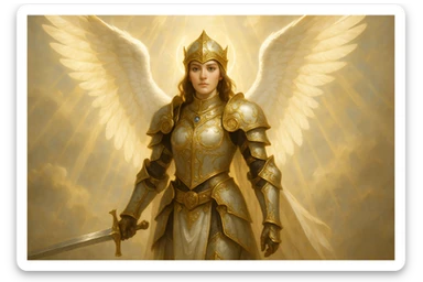 a female angel knight in ornate armor with golden accents, radiant and heavenly atmosphere sticker