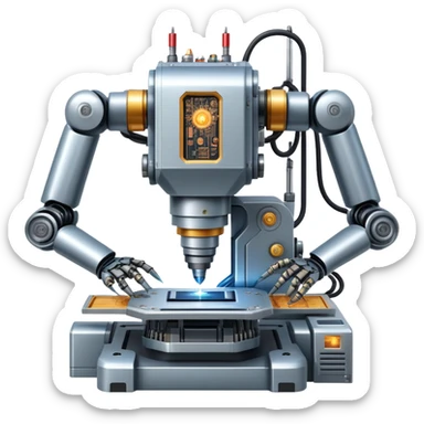 An icon featuring a giant robotic machine welding a large microchip with a laser, using two robotic arms. The design includes circuit boards, gears, and technical schematics, symbolizing advanced engineering and automation. Transparent background highlights the fusion of technology sticker