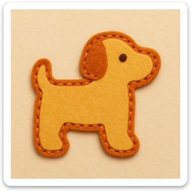 Minimal felt appliqué dog icon, low-detail, smooth rounded edges, moderate contrast orange stitched border, soft matte felt texture, warm brown and yellow palette, small dot eyes, no mouth, flat angle, soft beige background sticker