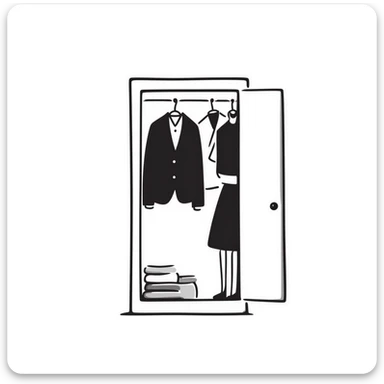 Hand-drawn minimalist wardrobe, slightly open revealing neatly arranged business attire sticker