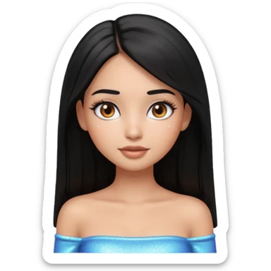 pretty cartoon girl, semi-realistic 3D emoji style, long middle parted straight black hair, tan skin, brown eyes, long eyelashes, soft glam makeup, glossy lips, smooth skin, cute aesthetic, sparkles in hair, white tube top sticker