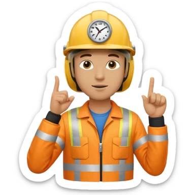 a guy wearing safety outfit with helmet standing and pointing finger to 3 oclock direction sticker