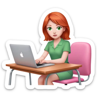 Red head green eyed  sat at desk with pink MacBook on pink chair sticker