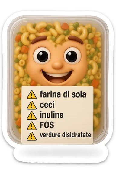 SU QUESTO STILE FAI UN EMOJI STILE IPHONE 3D DI UN insalata di pasta precotta preconfezionata con ETICHETTA CON GLI INGREDIENTI SCRITTI, "farina di soia, ceci, inulina, FOS, GOS, verdure disidratate" accanto ad ogni nome scritto mettici un segnale di allarme, FALLO MOLTO REALISTICO IN 3D sticker