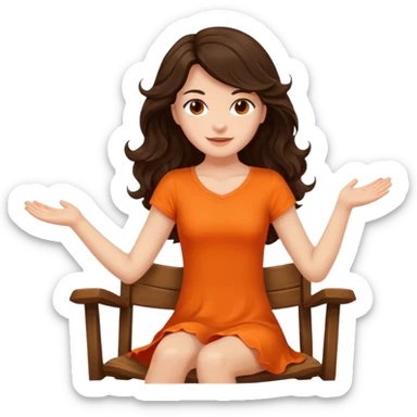 Long dark wavy hair women in orange top  twirling around a chair  sticker
