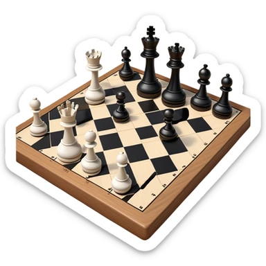 A chessboard with a few strategically placed pieces, including a king, queen, and pawns. The scene highlights the classic black and white squares of the board, emphasizing strategy and thoughtfulness in the game of chess. sticker