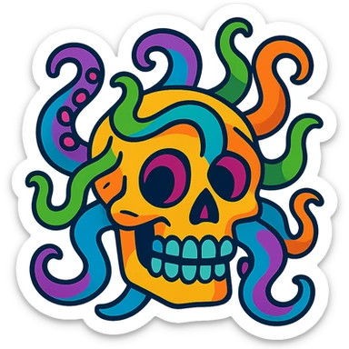 crâne infesté de tentacules, style cartoon vibrant, couleurs vives sticker