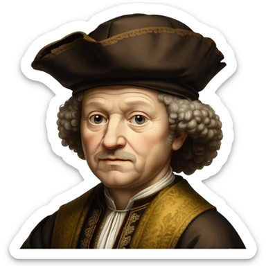 Cinematic Realistic portrait of Rembrandt, shown as a master artist with deep, introspective eyes and richly detailed period clothing, rendered with dramatic chiaroscuro lighting that emphasizes his legacy sticker