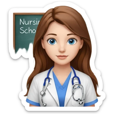 inside a classroom at university that says nursing school on the board with a pretty female nursing student with long brown hair, blue eyes sticker