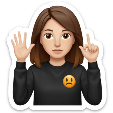 A 38 year old white woman with long brunette hair parted in the middle. She has her nose pierced. Her nose is medium sized. She has brown eyes. She has freckles and is wearing a black sweatshirt and is making the rock on sign with her hand sticker