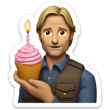 Viggo Mortenson holding a bunch of flowers and a cupcake with a birthday candle in it sticker