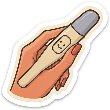 A pregnancy test held in a neat feminine hand with manicure and a smile on the test, in retro stickers style, featuring soft rounded shapes, expressive contours, vintage color palette, light paper texture, shadows and highlights, transparent background. sticker