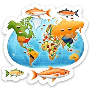 Icon for Culinary Tourism: a world map where the continents are made of various foods, like Fish - North America, sushi - Eurasia, tacos for South America, etc. The icon should represent global culinary exploration and travel. Transparent background. sticker