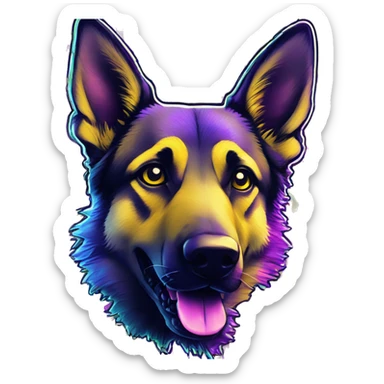 .Zombie_ Vaporwave black holographic oilslick zombie yellow German shepherd dog yellow caution tape graffiti stripes iridescent blue purple mane yellow stripes sticker