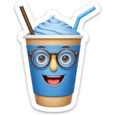 drink in a paper cup and straw, the cup has eyes and mouth and glassess sticker