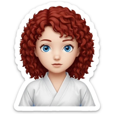 generate a young girl with dark red curly hair, blue eyes. in a white karate outfit  sticker