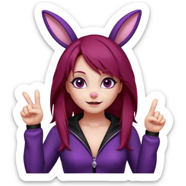 Bunny girl, with dark red crimson hair color, and black bunny ears. Deep purple eyes. Wears a classic bunny suit. List of expressions:
Disappointed expression
Thumbs up with a happy face
Happy face with sparkly eyes
Surprised face like " O_O "
silly and cute dead on the ground with X's on eyes. sticker