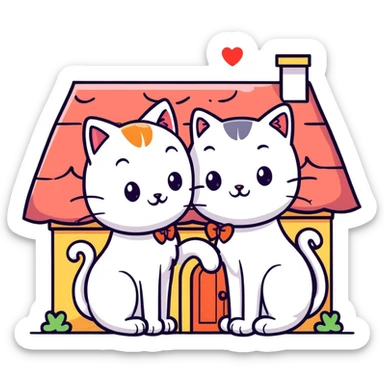 two happy cats in love with a house behind them that has a bow on the roof sticker