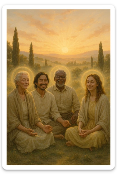 a diverse group of people of different ages and backgrounds sit together in a peaceful natural setting at sunrise, each with serene, joyful expressions. Subtle auras or soft light halos surround them, symbolizing spiritual awakening and inner harmony. The background features gentle hills, trees, and a glowing sky, evoking unity and connection. realistica italiano sticker