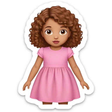light brown skin tone, very adorable toddler, with big plump lips, long long lashes, brown curly bob, brown eyes, pink dress sticker